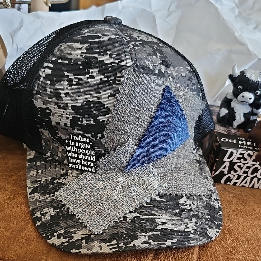 H017. Camouflage Patchwork Cap with Blue Accent